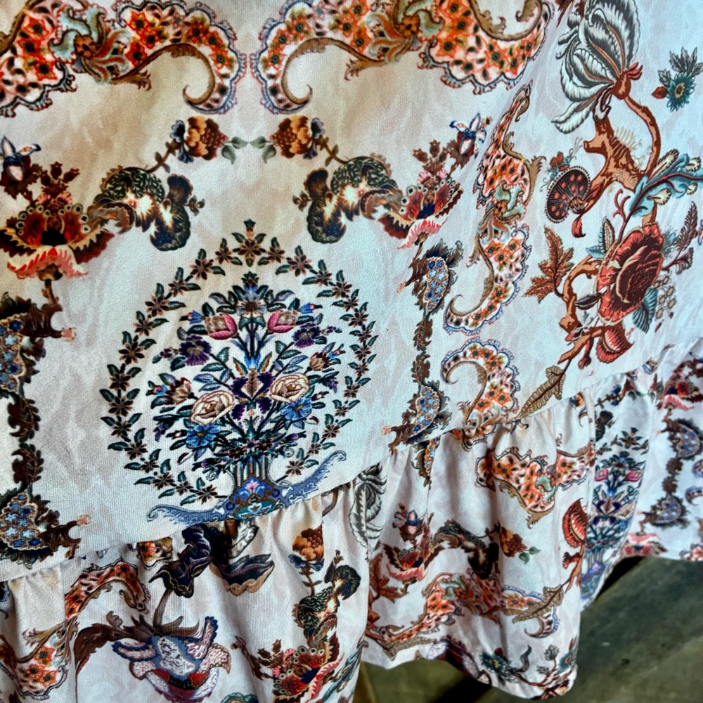 French Floral Long Sleeve Dress with Splashes of Orange & Brown - Picture 5 of 7